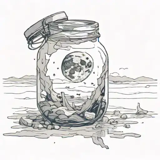 A broken moon in a glass jar, floating in the sea That reflects the pain of forgetting what you never wanted to leave tattoo design idea