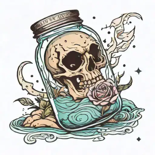 A broken moon in a glass jar, floating in the sea That reflects the pain of forgetting what you never wanted to leave tattoo design idea