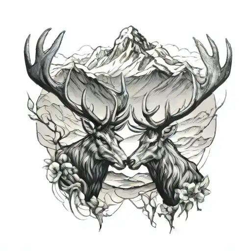 two stags fighting with mountians in the background tattoo design idea