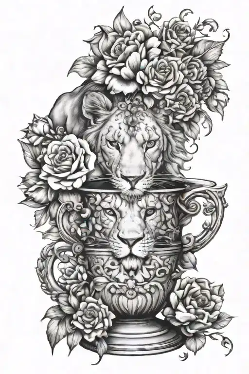 female lion over baby cups surrounded by flowers growing tattoo design idea