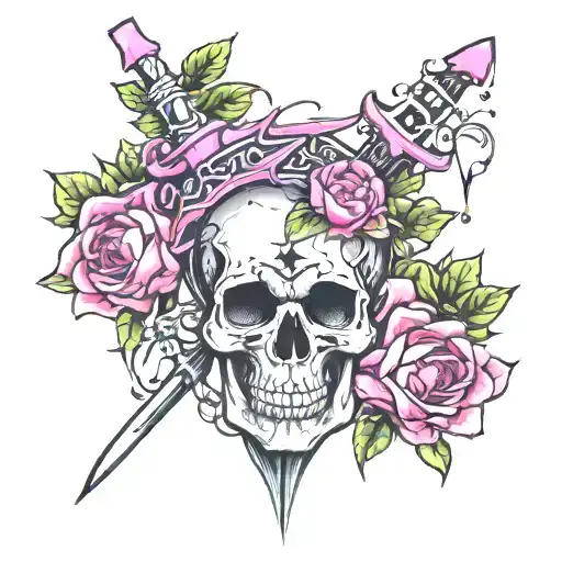 pink dagger skull trees tattoo design idea