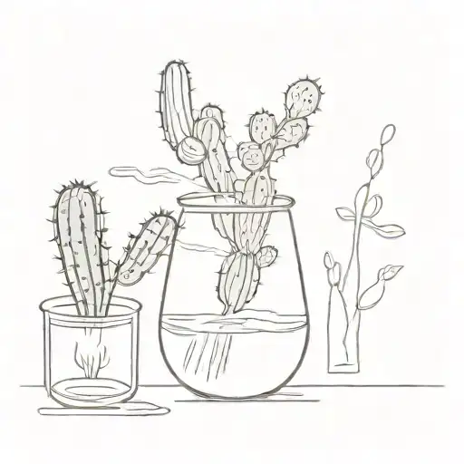 A minimalist tattoo design of a cactus plant growing inside a laboratory beaker, symbolizing the fusion of nature and science tattoo design idea