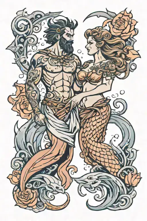 triton and rhodos standing together between land and sea tattoo design idea
