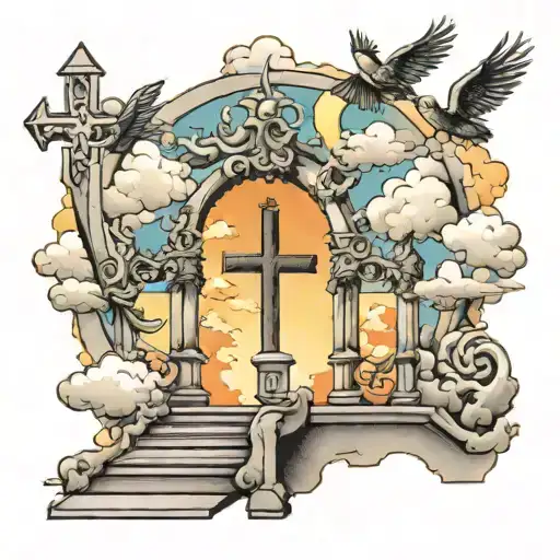 heavens gates, stairs, clouds, cross, 5 birds flying tattoo design idea