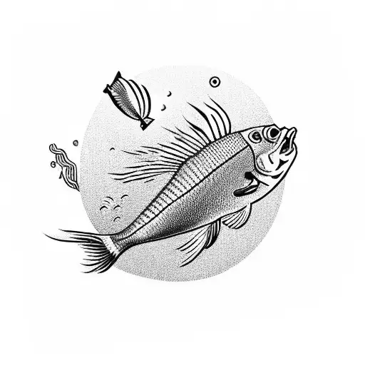 A majestic red drum fish swimming through a musical staff surrounded by nature elements tattoo design idea