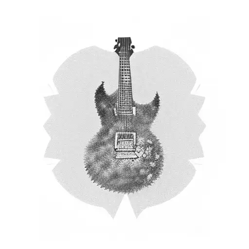 A guitar silhouette with the body of the guitar made of the names Pearl Jam, The Doors, Metallica, Pink Floyd, Cream, and Blue Oyster Cult, surrounded by musical notes and a vibrant color palette. tattoo design idea