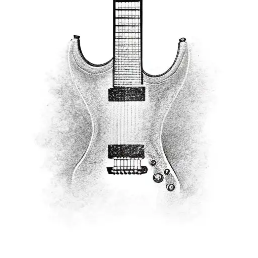 a guitar silhouette with the body of the guitar is made of the following names, pearl jam, the doors, metallic, pink flo tattoo design idea