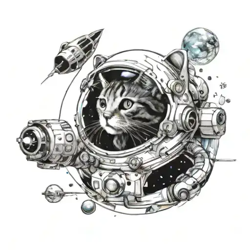 An imaginative tattoo design inspired by video games and space exploration, featuring a cat engineer piloting a spaceship through a galaxy filled with celestial wonders tattoo design idea