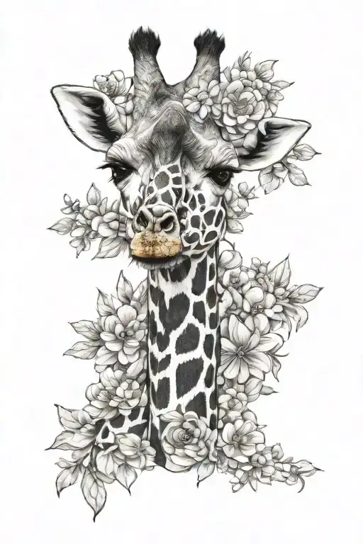 giraffe head, flowers intertwined tattoo design idea