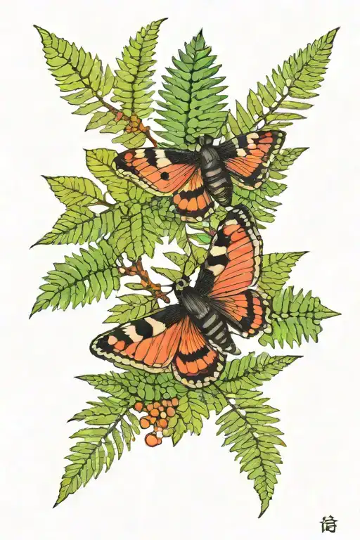tree leaves with a few ferns and a moth tattoo design idea