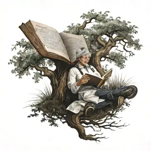 A realistic tattoo of a nurse reading a book under a tree in the wind, symbolizing the client's occupation and favorite things tattoo design idea