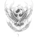 A tattoo design featuring a phoenix rising from flames with a semi-colon symbol integrated into the design tattoo design idea