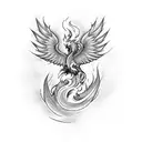 A tattoo design featuring a phoenix rising from flames with a semi-colon symbol integrated into the design tattoo design idea