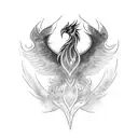 A tattoo design featuring a phoenix rising from flames with a semi-colon symbol integrated into the design tattoo design idea