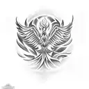 A tattoo design featuring a phoenix rising from flames with a semi-colon symbol integrated into the design tattoo design idea