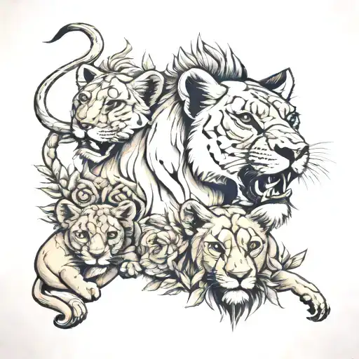 Lioness and 2 cubs surrounded tattoo design idea