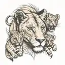 Lioness and 2 cubs surrounded tattoo design idea