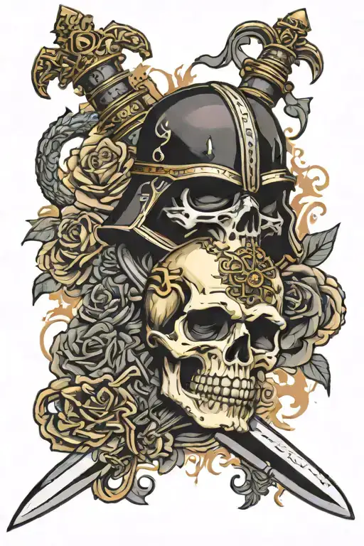 sword with a crown on top and it has a vader helmet and a skull going through the sword tattoo design idea