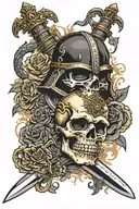 sword with a crown on top and it has a vader helmet and a skull going through the sword tattoo design idea