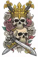 sword with a crown on top and it has a vader helmet and a skull going through the sword tattoo design idea
