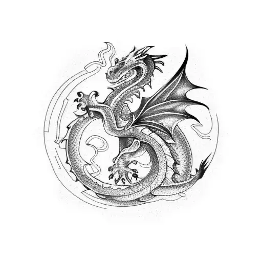 Dragon in long blues and red tattoo design idea