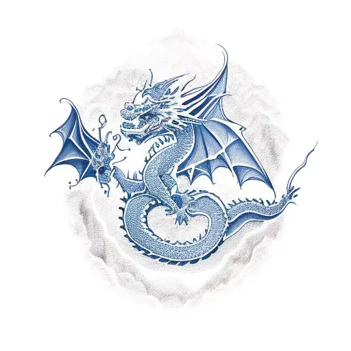 Dragon in long blues and red tattoo design idea