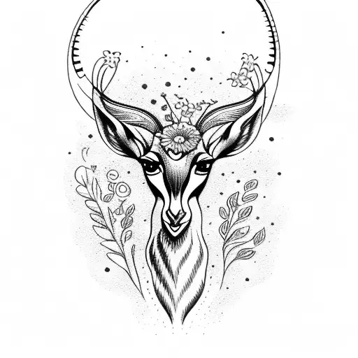a gazelle with flowers coming out of its ears tattoo design idea