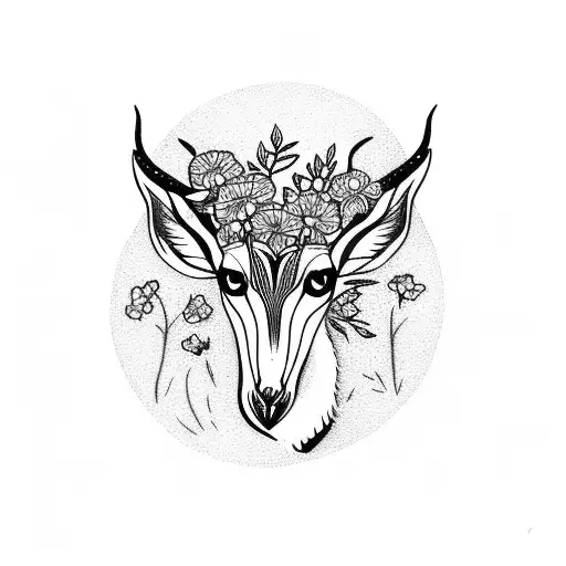 a gazelle with flowers coming out of its ears tattoo design idea