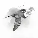 bird flying away with flower in beak tattoo design idea