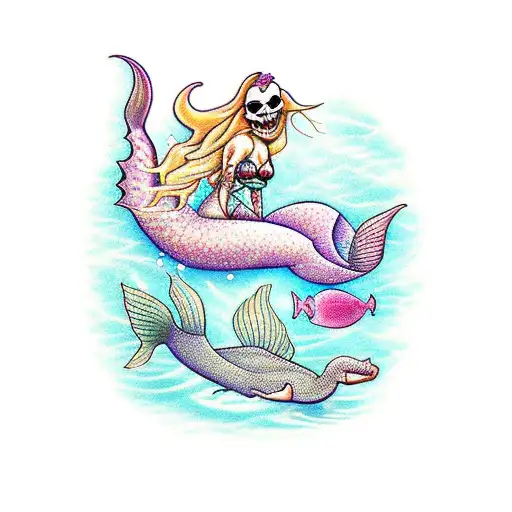 mermaids sitting at lagoon by skeleton tattoo design idea