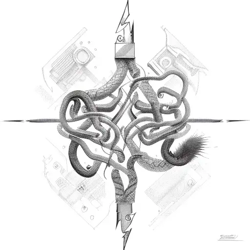 An electrician's tools intertwined with a snake and lightning bolts tattoo design idea
