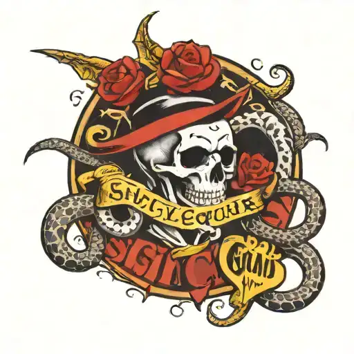 "Sin City Squad" written on a tattoo with skull and snakes tattoo design idea