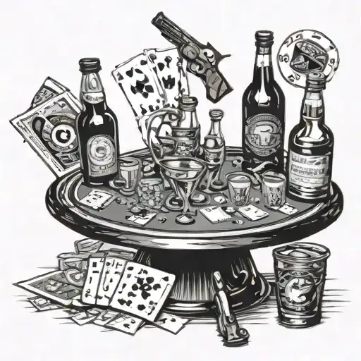 A poker table with guns as the chips and bottles of alcohol as the drinks tattoo design idea