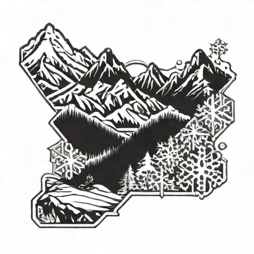 snowboarding mountains and big snowflake design tattoo design idea