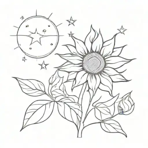 metal, sunflower and starry night style illustration tattoo design idea
