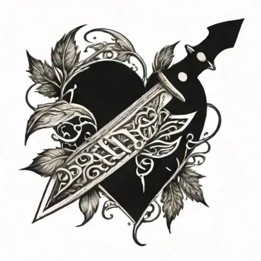 An intricate dagger intertwined with branches and leaves, forming a heart shape tattoo design idea