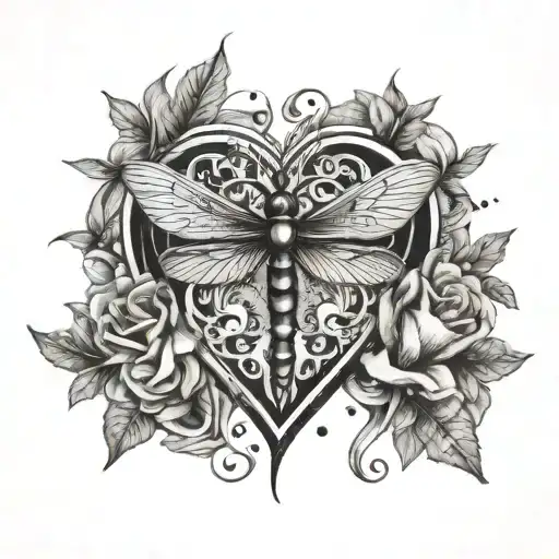 A dagger in a Heart with a dragonfly  tattoo design idea