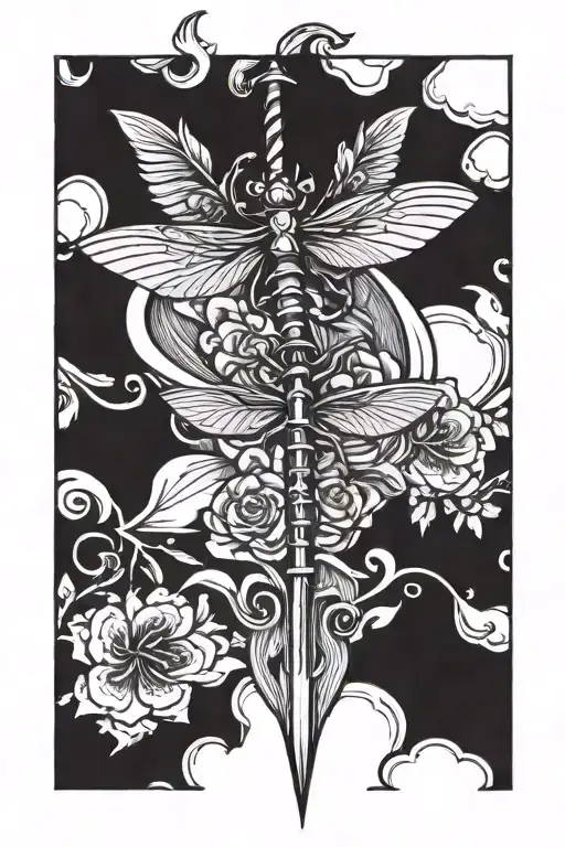 Heart and dagger and dragonfly  tattoo design idea