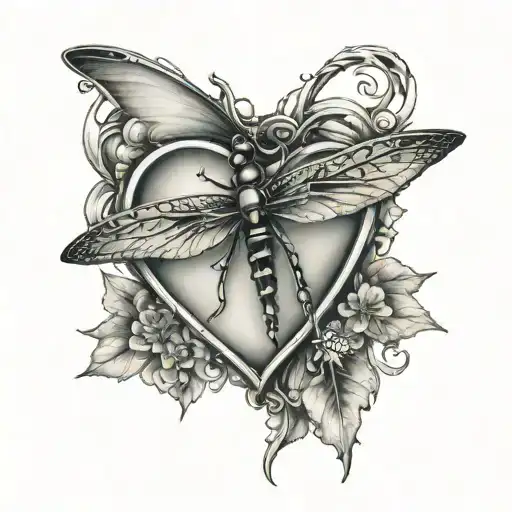 A dagger in a Heart with a dragonfly  tattoo design idea