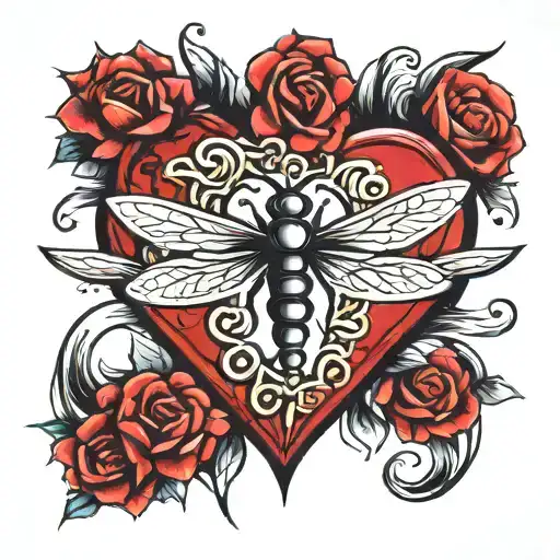 Heart and dagger ans dragonfly  tattoo design idea