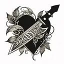 An intricate dagger intertwined with branches and leaves, forming a heart shape tattoo design idea