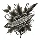 An intricate dagger intertwined with branches and leaves, forming a heart shape tattoo design idea