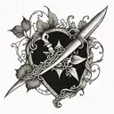 An intricate dagger intertwined with branches and leaves, forming a heart shape tattoo design idea