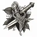 An intricate dagger intertwined with branches and leaves, forming a heart shape tattoo design idea