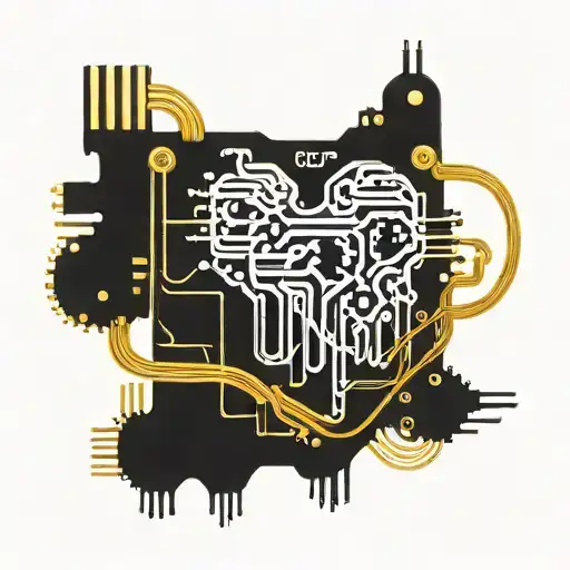 black and gold circuit board connected by wires to a realistic human heart blood tattoo design idea