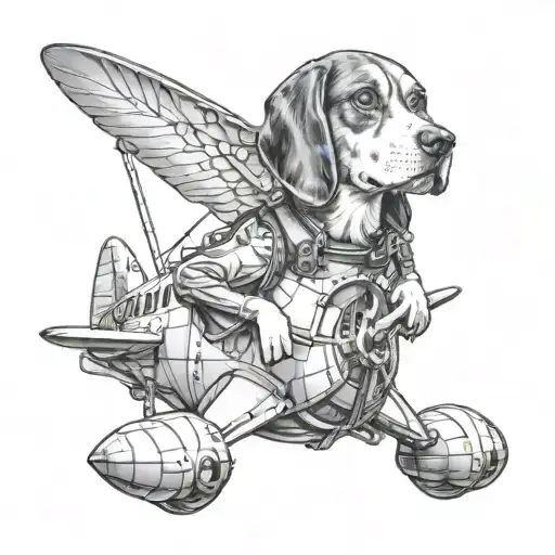 A black and grey portrait of a beagle pilot flying a small plane, representing the client's love for both flying and their pet tattoo design idea