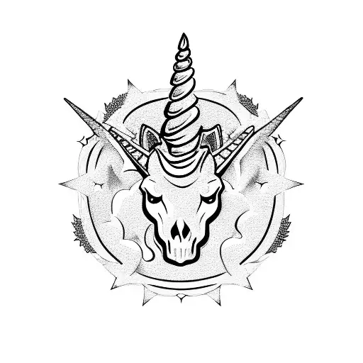 unicorn in center, with cats, skulls. roses, black and white, overlayed tattoo design idea