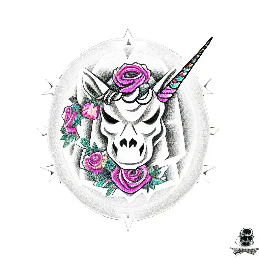 unicorn in center, with cats, skulls. roses, black and white, overlayed tattoo design idea