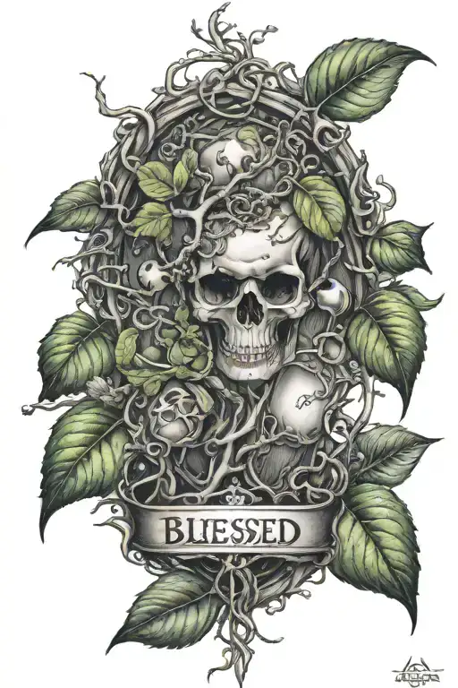 poison tree with chapelet and the word blessed written tattoo design idea