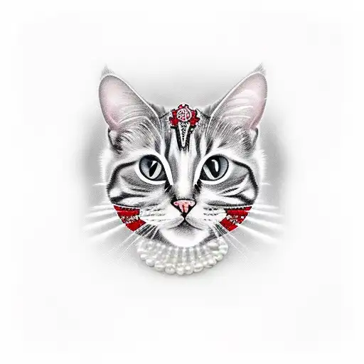 red waltzer car outlined with rubies and pearls. in the car there is a tabby and white cat sat on the seat. tattoo design idea